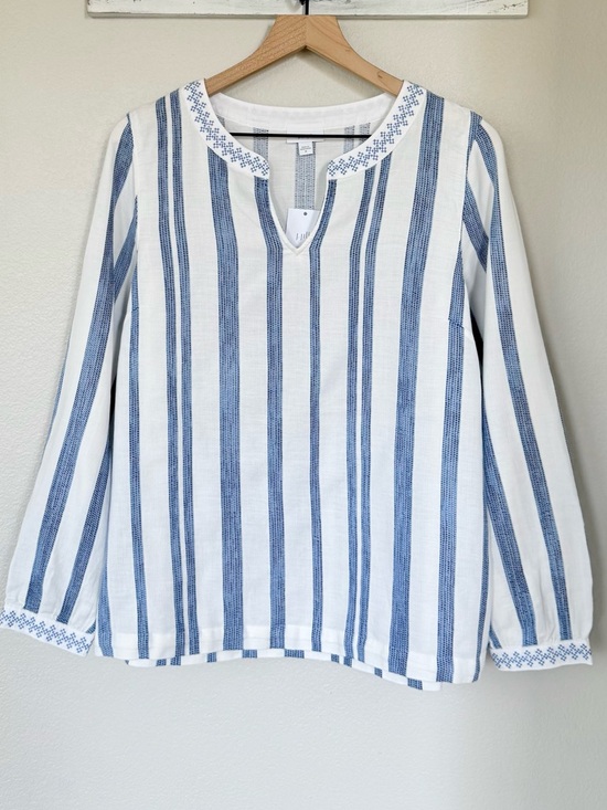 J JILL NWT M Pure Jill Embroidered Striped Top Cotton Blouse White Blue Yonder - Picture 3 of 14